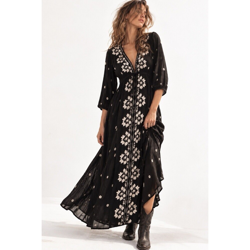 Free People Fable Embroidered V Neck Midi Dress Black White Size M Boho Whimsy